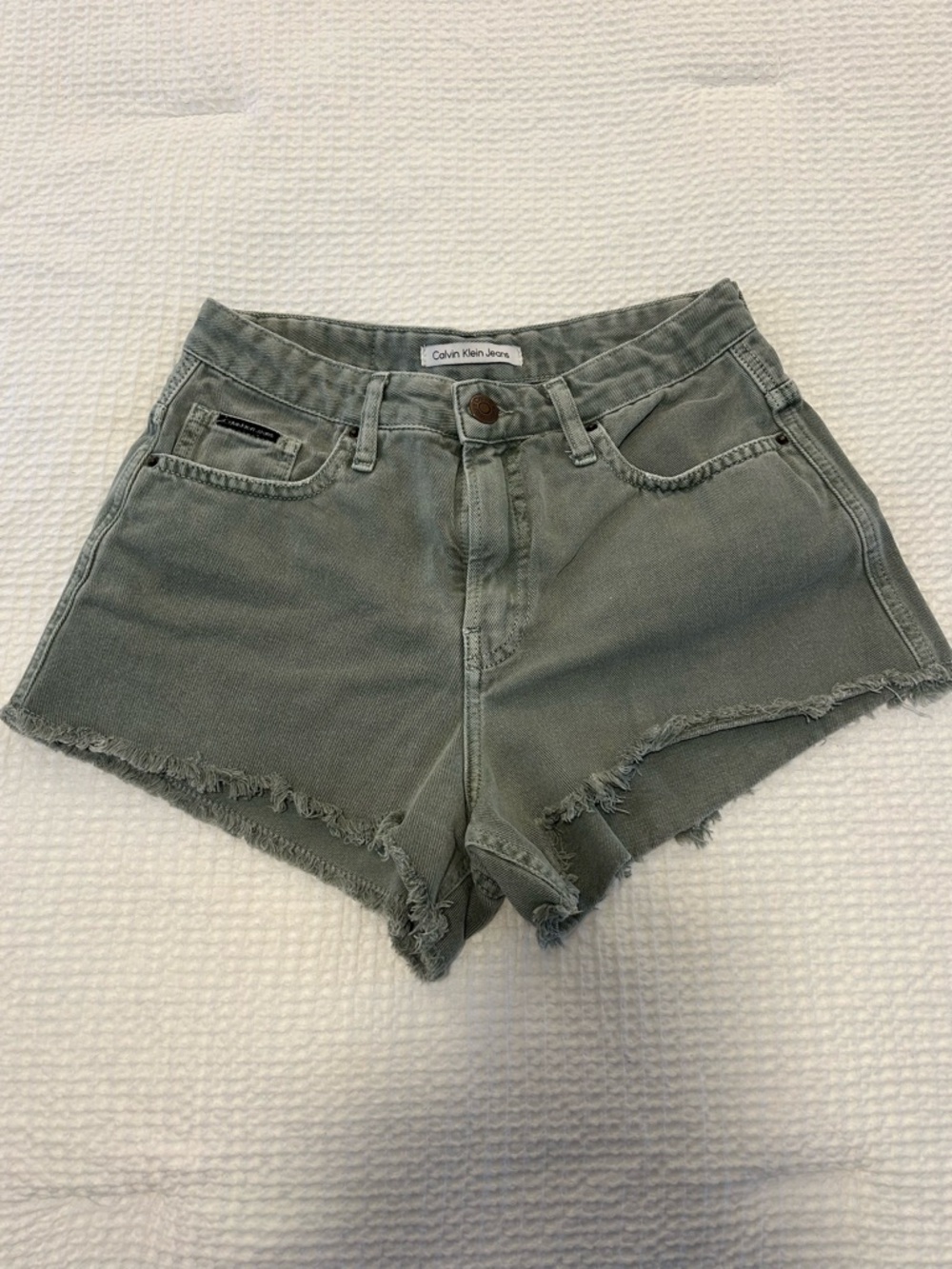 Calvin Klein Olive Green Frayed High-Rise Denim Shorts